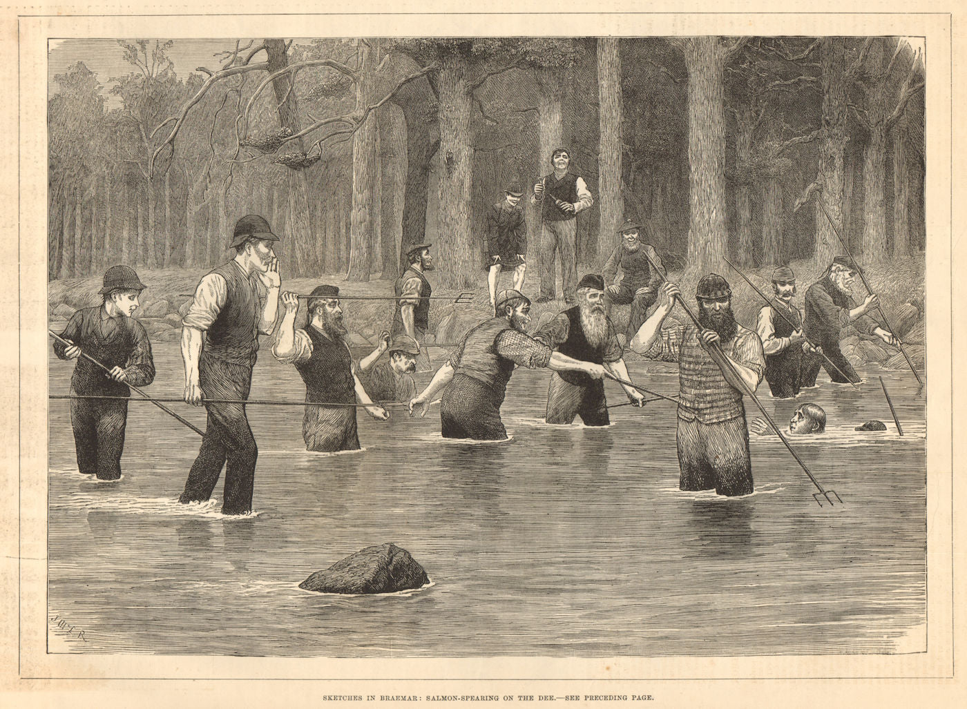 Sketches in Braemar: Salmon-spearing on the Dee. Scotland. Fishing 1880 print